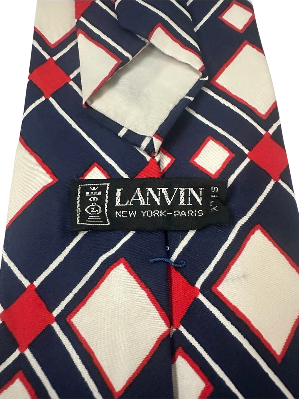 Lanvin Tie Silk Navy Blue Red & White Luxury Vintage Geometric 4”Wide Paris